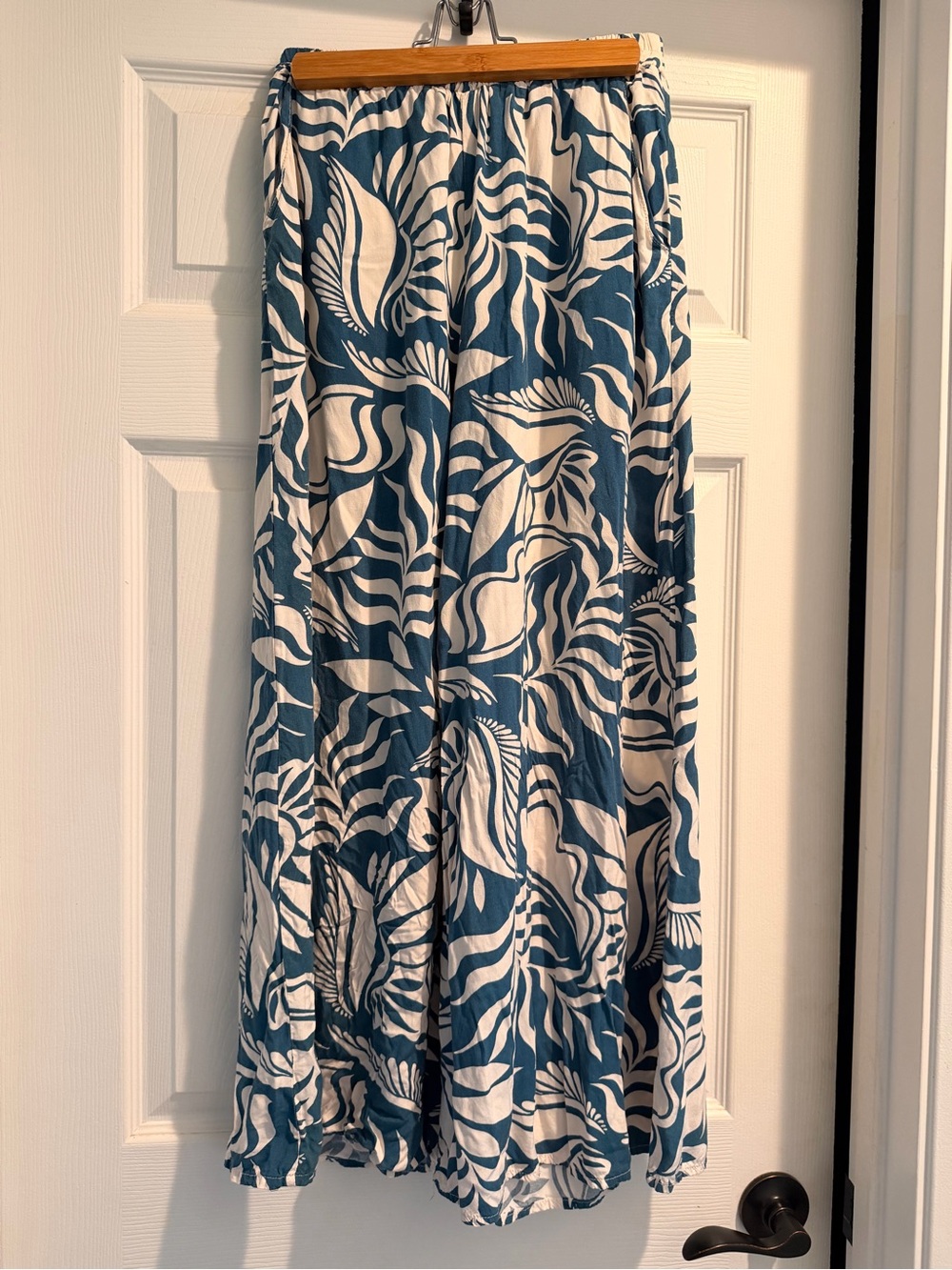 Blue and White Tropical Print Wide Legged Pants